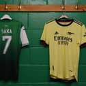 A Hibs shirt with Bukayo Saka's name and number pictured in the away dressing room at Easter Road