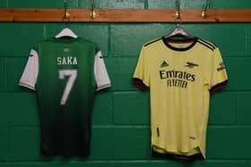 A Hibs shirt with Bukayo Saka's name and number pictured in the away dressing room at Easter Road