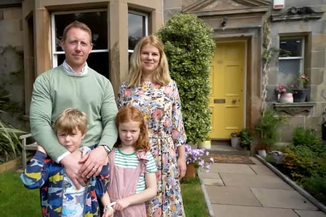 Arthur and Ella Fletcher with Arthur and Daisy outside their mid-terrace Victorian home in Morningside.
Pic: BBC Scotland