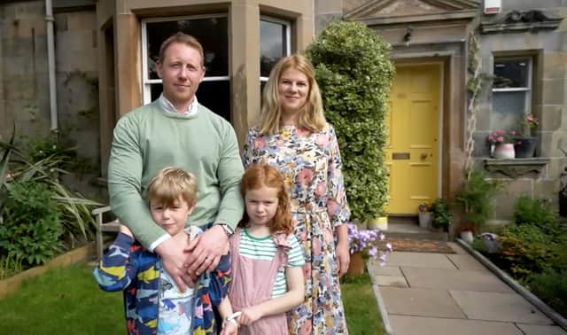 Arthur and Ella Fletcher with Arthur and Daisy outside their mid-terrace Victorian home in Morningside.
Pic: BBC Scotland