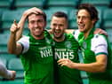 Jamie Murphy celebrates with Steven Mallan and Joe Newell after scoring to make it 1-0 to Hibs during the Scottish Premiership match against Celtic at Easter Road, on November 21, 2020 (Photo by Craig Foy / SNS Group)