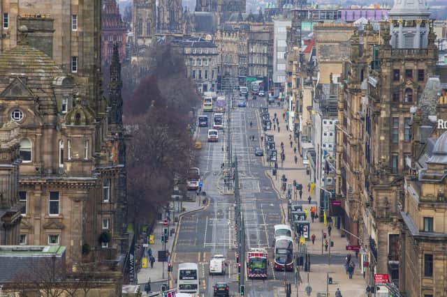 Quiet Princes Street in Edinburgh during Monday morning rush hour as people are advised to stay home amid Coronavirus pandemic. March 23 2020