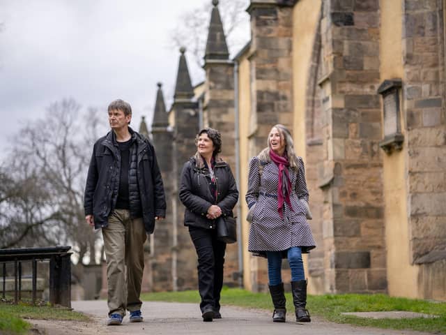 Left to right, Ian Rankin, Julie Fenton and Laurie Blair having a walking tour of Edinburgh. Photo: Adam Troup