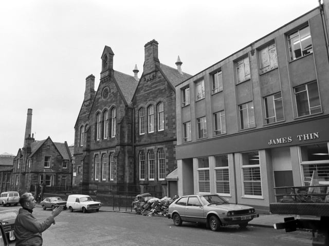 Exterior of South Bridge primary school behind James Thin book shop in Infirmary Street Edinburgh, January 1980.
