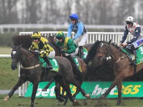Eventual winner Cedar Hill, centre, tucked in behind Fanzio during the bet365 Scottish Champion Handicap Chase. Picture: Joe Gilhooley LRPS