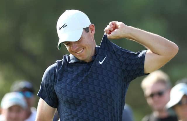 Rory McIlroy reacts on the 15th green during the final round at Jumeirah Golf Estates. The overnight leader later ripped his shirt in anger. Picture. Warren Little/Getty Images.