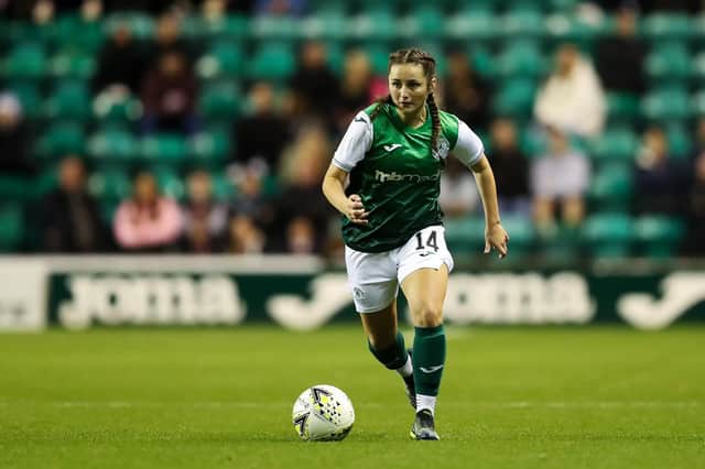 Erin Rennie in action for Hibs Women against Hearts Women at Easter Road