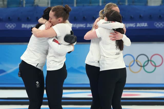 Team GB celebrate after winning gold in Beijing at the winter Olympics. Picture: Lintao Zhang/Gett