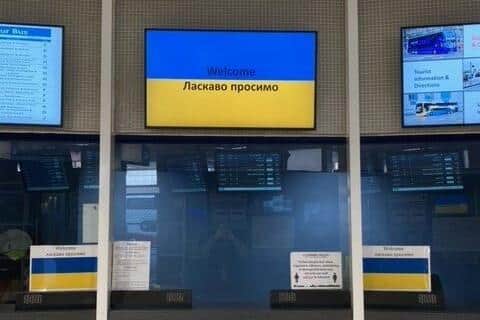 These signs are what Ukrainian refugees see when they first arrive at Edinburgh Bus Station. (Photo credit: Councillor Lesley Macinnes)