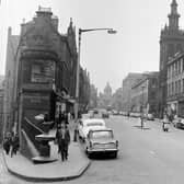 The corner where George IV Bridge meets Chambers Street and Candlemaker Row in 1965 - Greyfriars Bobby statue to left of picture.