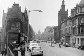 The corner where George IV Bridge meets Chambers Street and Candlemaker Row in 1965 - Greyfriars Bobby statue to left of picture.