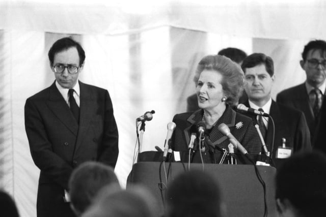 Prime Minister Margaret Thatcher addresses the Scotch Whisky Association conference at Prestonfield House hotel in Edinburgh, March 1990.