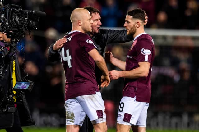 Hearts manager Daniel Stendel with Steven Naismith and Conor Washington