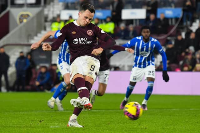 Lawrence Shankland makes it 3-1 to Hearts during the victory over Kilmarnock at Tynecastle in December. Picture: SNS