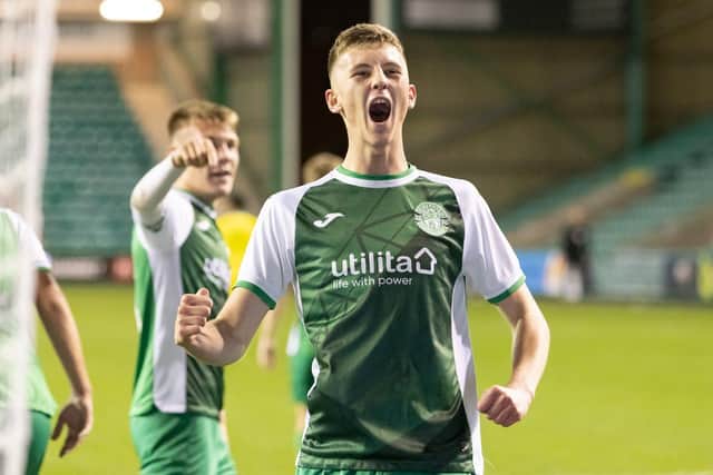 Ethan Laidlaw celebrates after scoring from the only goal penalty spot after he himself was fouled in the box. Picture: Hibernian FC