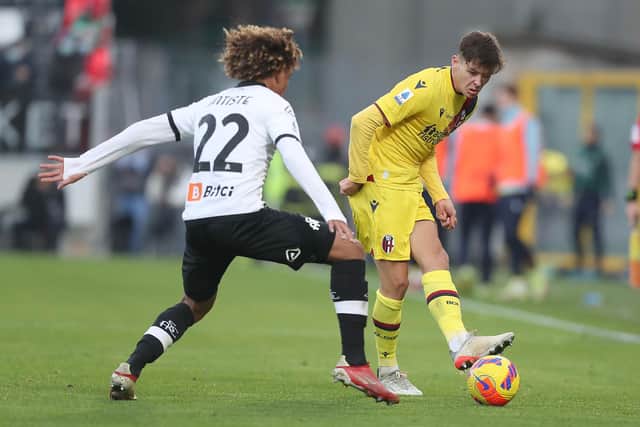 Aaron Hickey in action for Bologna against Spezia Calcio in Seria A on Sunday. The former Hearts man is a regular at his Italian club. Picture: Gabriele Maltinti/Getty