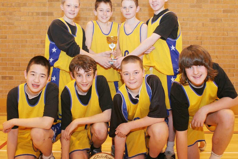 Hasland Hall school Basketball Team  front l to r Jonathon Cheung 13yrs. Ben Allison cpt.12yrs. Andy Topham 13yrs. Anthony Holmes 12yrs.  back l to r Nathan Hurley 12yrs. Danny Howard 12yrs. Rory White 12yrs. Ryan Wilkes 12yrs in 2006