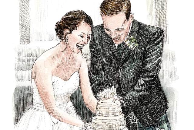 Katie and Graham's cake cutting moment has been captured by The Edinburgh Sketcher