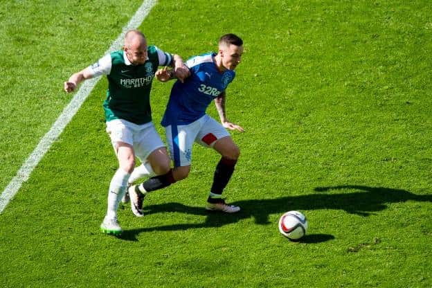 Hibs captain David Gray battles with Barrie McKay during Rangers' 3-2 Scottish Cup final defeat to Rangers. Picture: SNS