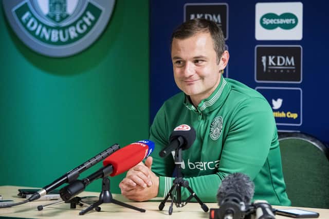 Hibs manager Shaun Maloney addresses the media at HTC ahead of Saturday's Scottish Cup semi-final against Hearts at Hampden