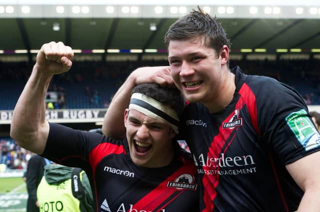 Grant Gilchrist, right, celebrates with Matt Scott after a famous victory over Toulouse in 2012. It was Gilchrist's breakthrough season with Edinburgh. Picture: Craig Watson/SNS