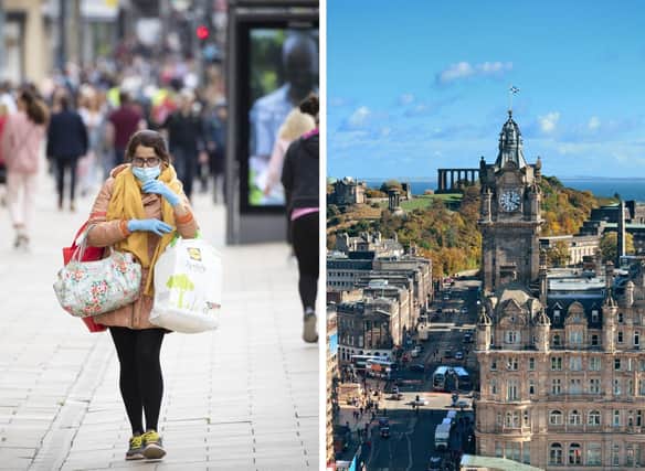 Left: A shopper wears a protective face mask in Edinburgh's Princes Street. (Credit: Jane Barlow/PA Wire) Right: The City of Edinburgh (Credit: Getty Images)