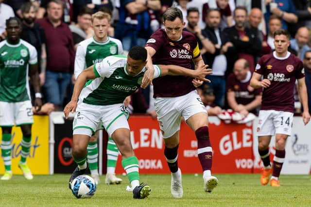 Allan Delferrière of Hibs shields the ball from Hearts forward Lawrence Shankland during the Edinburgh derby