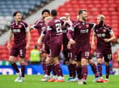 The Hearts players celebrate after Stephen Kingsley scored to make it 2-0 in the all-Edinburgh Scottish Cup semi. Picture: SNS