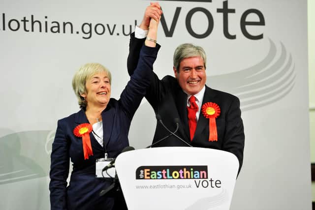 Iain Gray celebrates his election as East Lothian MSP with his wife Jill    Pic: Ian Georgeson