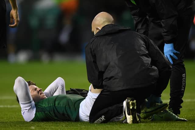 Hibs striker Kevin Nisbet receives treatment for injury during the club's Conference League qualifying match against Rijeka on Thursday. (Photo by Craig Foy / SNS Group)