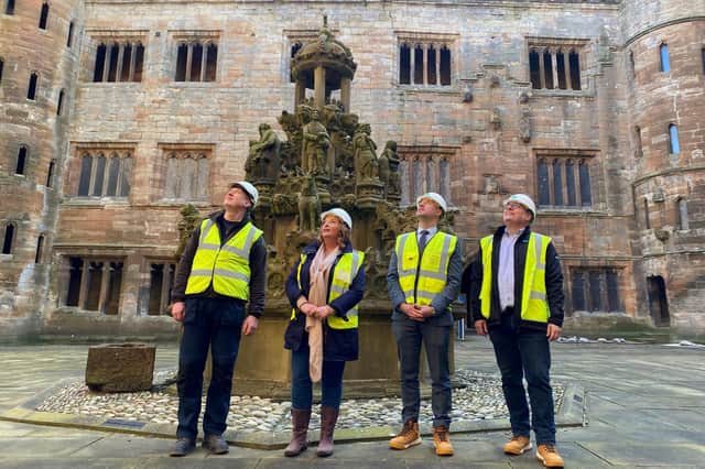 Fiona Hyslop MSP and Culture Minister Neil Gray at Linlithgow Palace, with representatives from Historic Environment Scotland.
