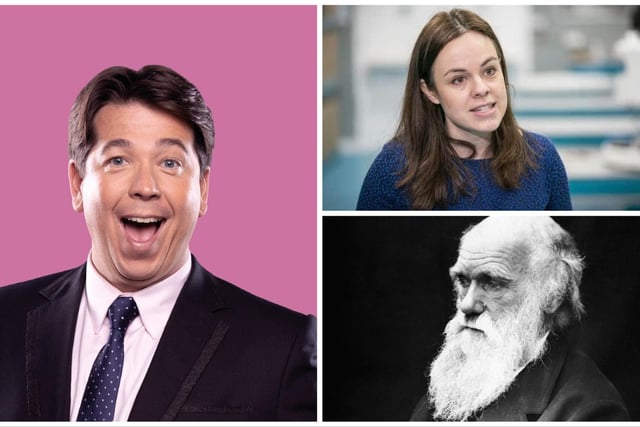 Clockwise from left, Michael McIntyre, Kate Forbes and Charles Darwin.