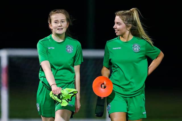 Hibs Under-19s girls Emma Miller and Ellie Crawford are delighted to have returned to training. Picture by Craig Doyle
