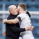 Livingston manager David Martindale and Nicky Devlin celebrate at full time