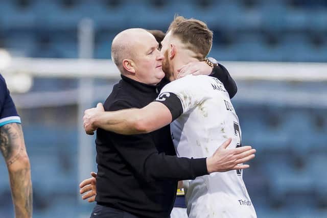 Livingston manager David Martindale and Nicky Devlin celebrate at full time