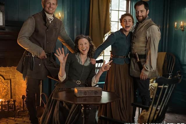Sam Heughan, Caitriona Balfe, Sophie Skelton and Richard Rankin on the set of Outlander. Picture: Outlander Starz