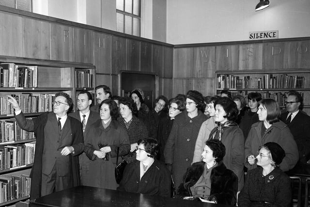 Mr Donald Docill addresses members of the Scottish Library Association at George Watson's College library in November 1963.