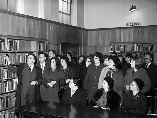 Mr Donald Docill addresses members of the Scottish Library Association at George Watson's College library in November 1963.