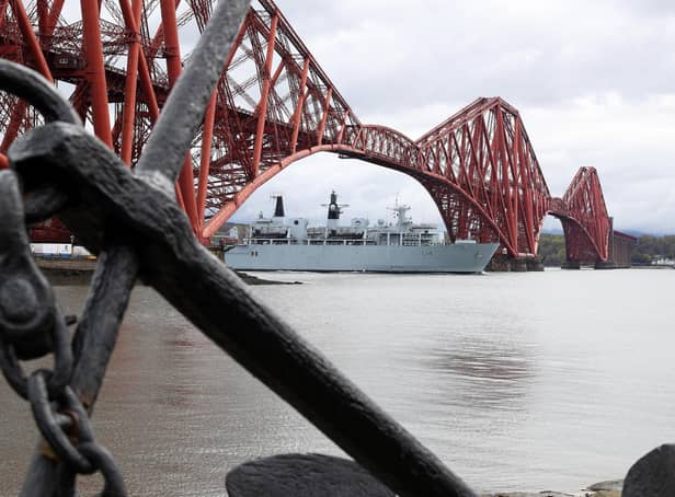 The Royal Navy amphibious assault ship HMS Albion arrivng on the Forth: Picture by LPhot Pepe Hogan.