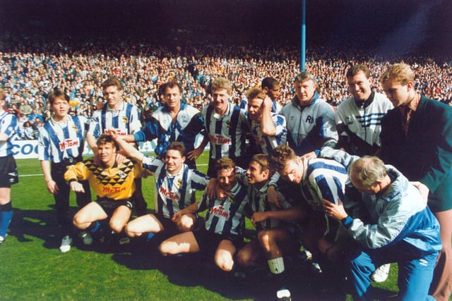 The Wednesday squad celebrates their third place finish in the First Division and a spot in the UEFA Cup in May 1992.