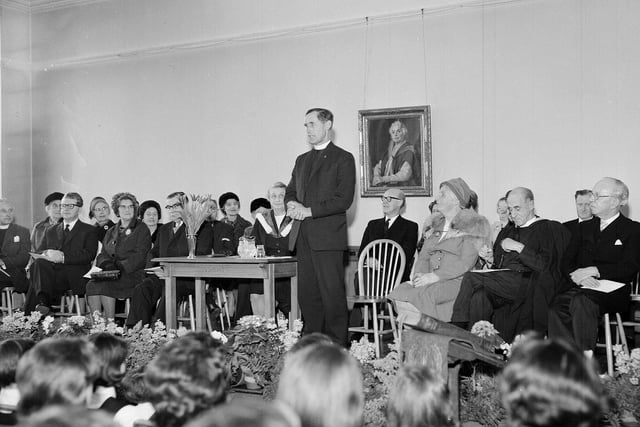 Rev Dr R Leonard Small addresses the Founders Day audience at James Gillespie's High School for Girls in March 1963.