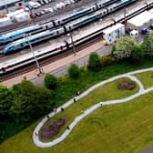 An aerial view shows the new 230-metre cycle track in Figgate Park next to the Craigentinny Train Maintenance Depot
