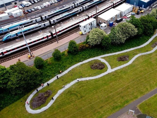 An aerial view shows the new 230-metre cycle track in Figgate Park next to the Craigentinny Train Maintenance Depot