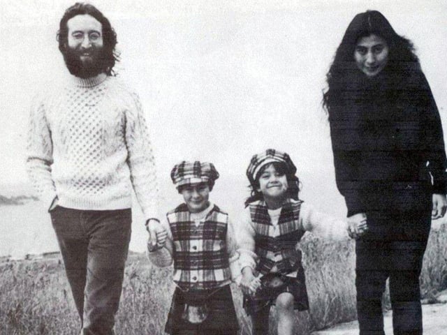 John Lennon and Yoko Ono, with their children, Julian, left, and Kyoko, on holiday at Durness, in Sutherland, in 1969. PIC: PA.