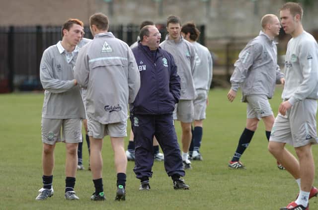 Bobby Williamson with the Hibernian team training at Fettes Police headquarters' pitches.  Picture: Cate Gillon
