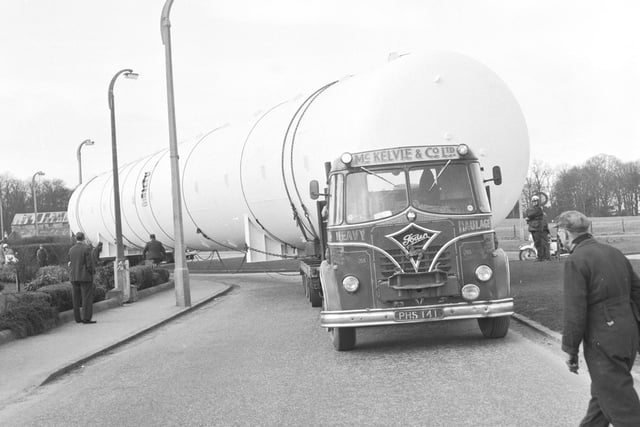 Propane gas storage vessel at Silverknowes roundabout on its way to Granton Gas Works, 1966.