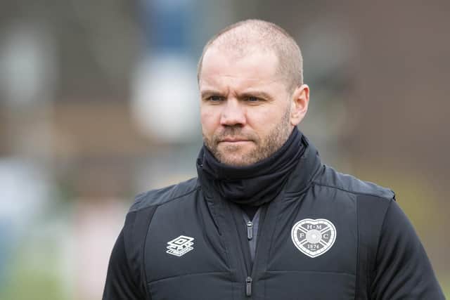 Hearts manager Robbie Neilson takes training at Riccarton.