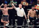 Josh Taylor celebrates victory over Jack Catterall during the WBA, WBC, WBO & IBF world super-lightweight title fight at the OVO Hydro in February.