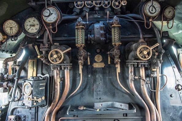 Close up detail of the controls on the footplate of The Flying Scotsman during its visit to the Tyseley Locomotive Works on September 16, 2016 in Birmingham, England.