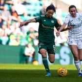 Mengyu Shen and Shannon Leishman compete for the ball in the SWPL clash at Celtic Park between Celtic and Hibs. (Photo by Craig Williamson / SNS Group)